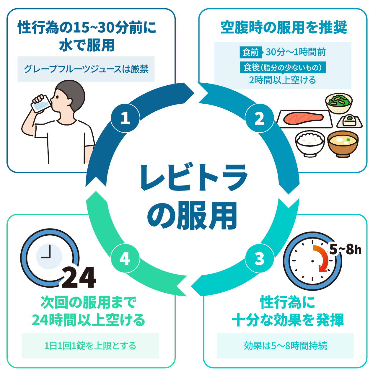 レビトラの正しい飲み方:性行為の15~30分前に水で服用(グレープフルーツジュースは厳禁)、空腹時の服用を推奨(食前は30分~1時間前)(食後は2時間以上空ける)、性行為に十分な効果を発揮(効果は5~8時間持続)、次の服用まで24時間以上空ける(1日1回1錠を上限とする)