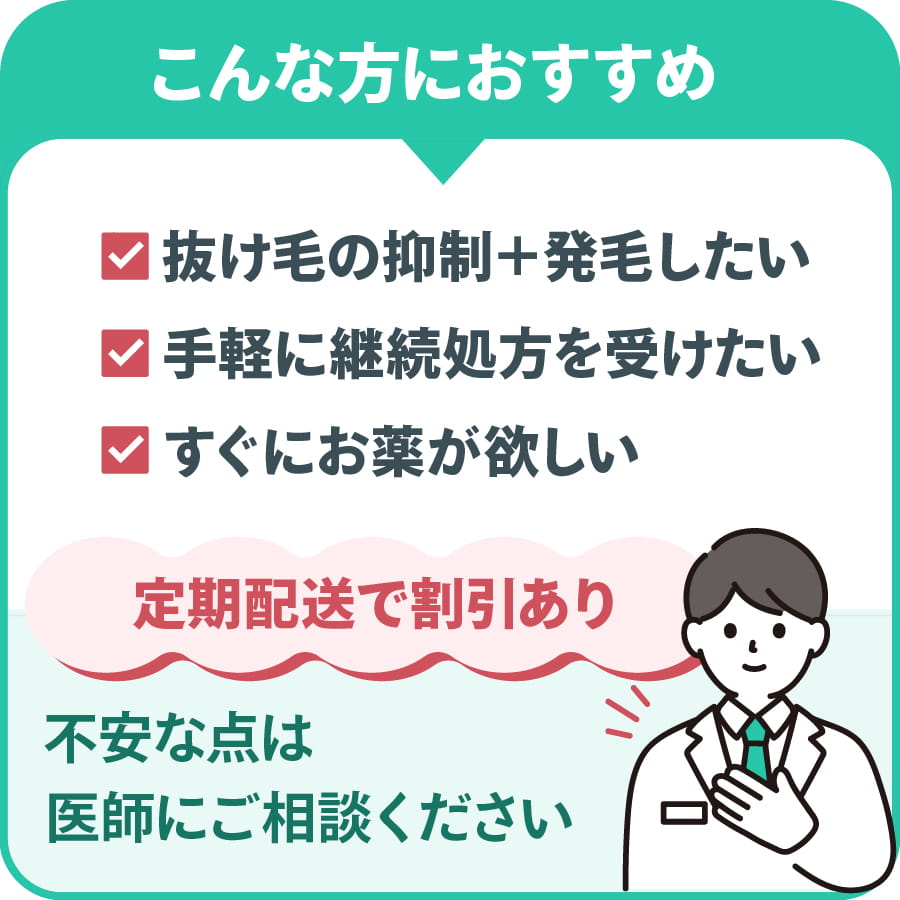 こんな方におすすめ：抜け毛の抑制＋発毛したい・手軽に継続処方を受けたい・すぐにお薬が欲しい 定期配送で割引あり。不安な点は医師にご相談ください