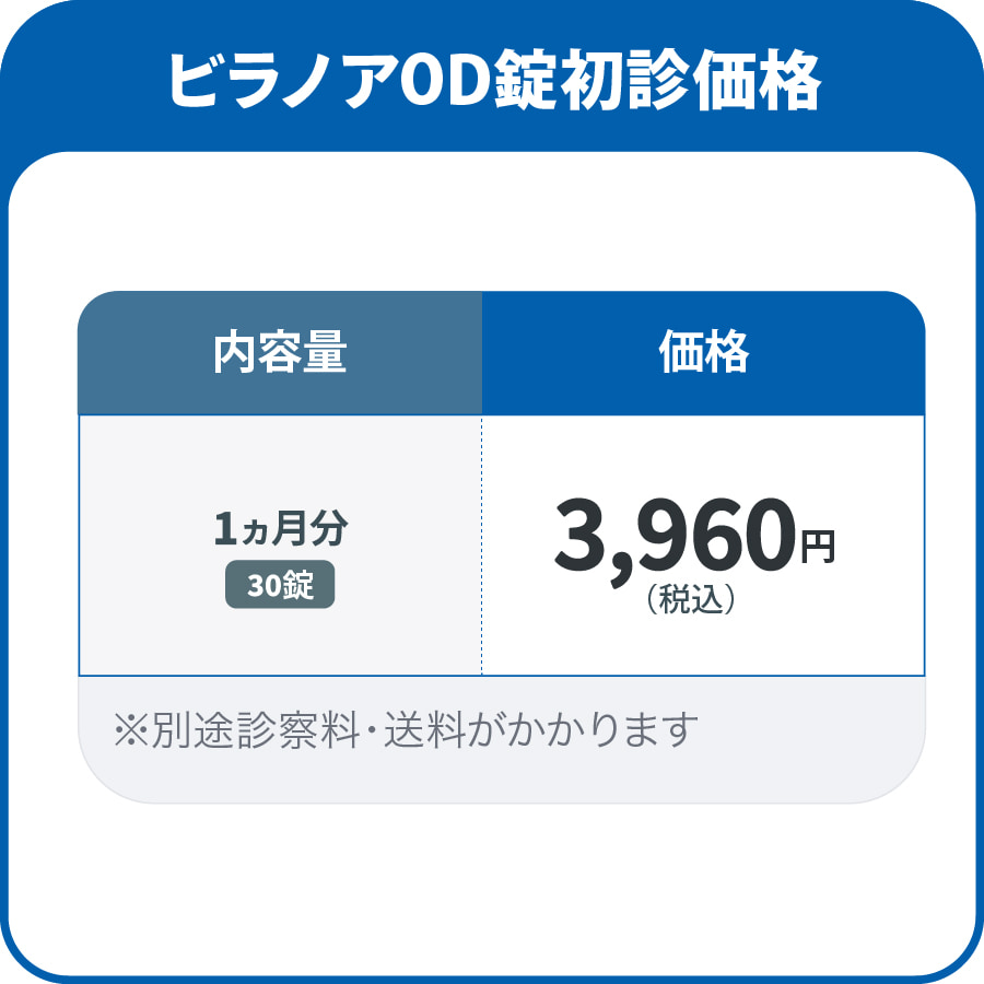ビラノアOD錠初診価格 3,960円/30錠 ※別途診察料・送料がかかります