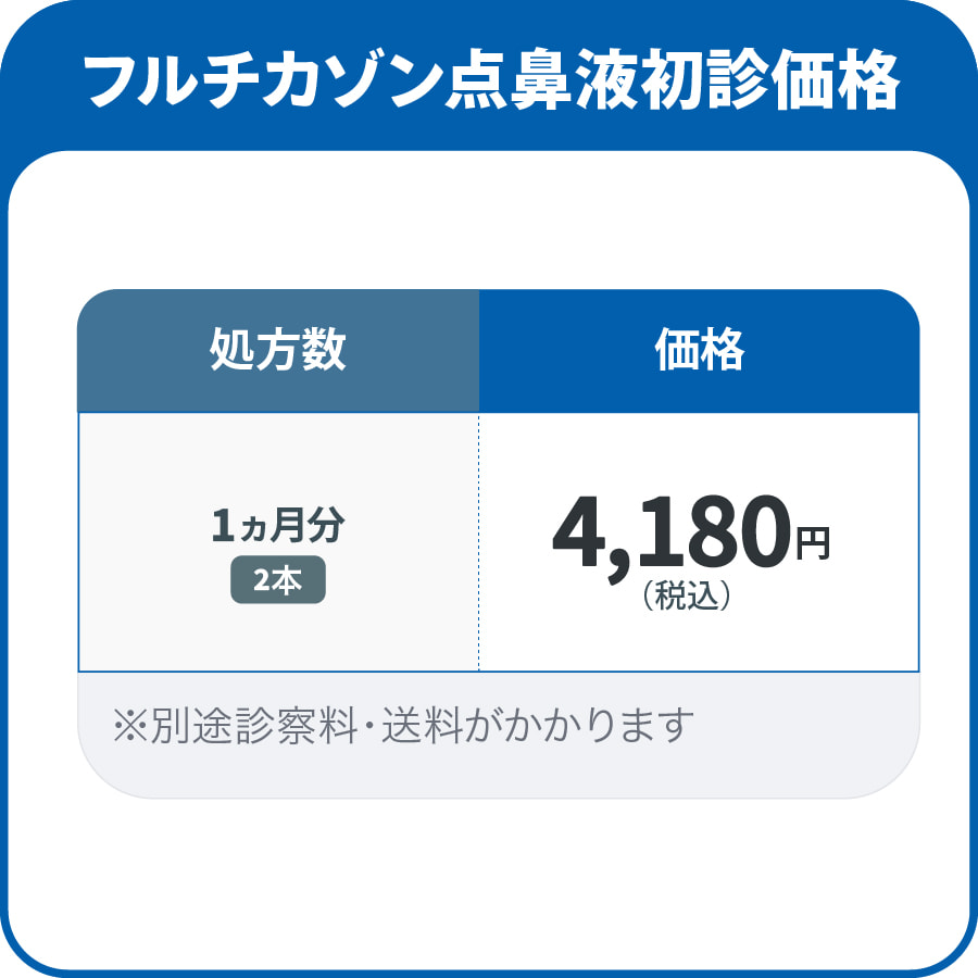 フルチカゾン点鼻液初診価格 処方数 1か月分 4,180円/2本 ※別途診察料・送料がかかります