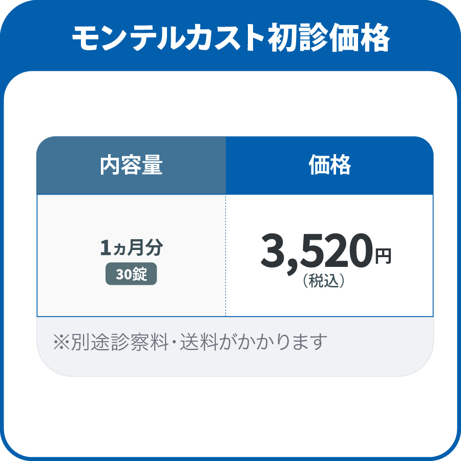 モンテルカスト初診価格 1か月分 3,520円/30錠 ※別途診察料・送料がかかります