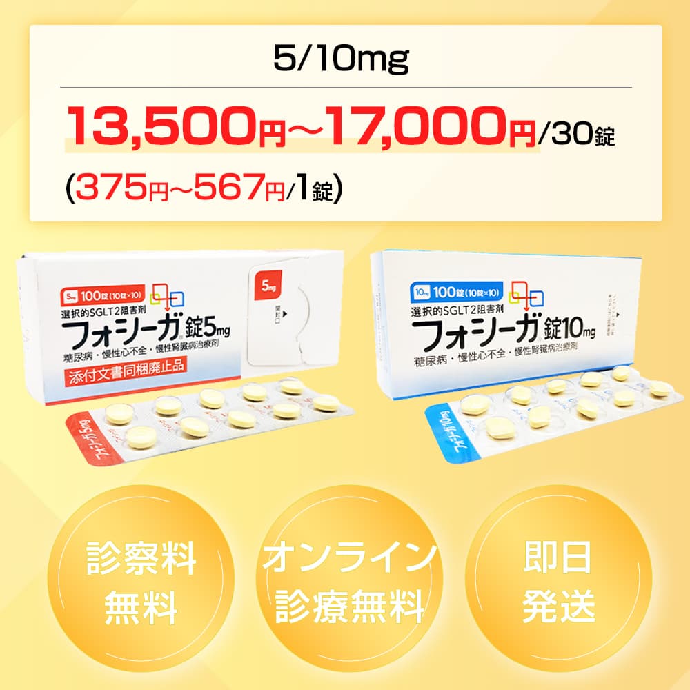 フォシーガ海外通販(個人輸入)より早く安全な最短即日発送のオンライン処方,5mg/10mg 13,500円~17,000円/30錠 1錠あたり375円~567円 診察料無料 オンライン診療・処方・購入 最短即日発送