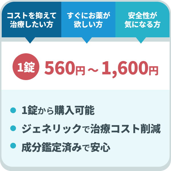 「コストを抑えて治療したい」「すぐにお薬が欲しい」「安全性が気になる」方は通販（オンライン診療）が便利。1錠560円～1,600円（1錠から購入可能・ジェネリックで治療コスト削減・成分鑑定済みで安心）