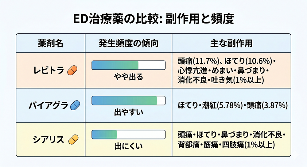 ＥＤ治療薬の主な副作用と発生頻度の傾向　　レビトラ　やや出る　頭痛(11.7%)、ほてり(10.6%)・ 心悸亢進・めまい・鼻づまり・消化不良・吐き気(1％以上)　バイアグラ　出やすい　ほてり・潮紅(5.78％)・頭痛(3.87％)　シアリス　出にくい　頭痛・ほてり・鼻づまり・消化不良・背部痛・筋痛・四肢痛(1％以上)