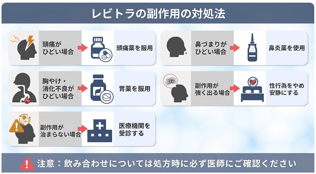 レビトラの副作用の対処法,頭痛がひどい場合⇒頭痛薬を服用,鼻づまりがひどい場合⇒鼻炎薬を使用,胸やけ・消化不良がひどい場合 ⇒ 胃薬を服用,副作用が強く出る場合 ⇒ 性行為をやめ安静にする,副作用が治まらない場合 ⇒ 医療機関を受診する