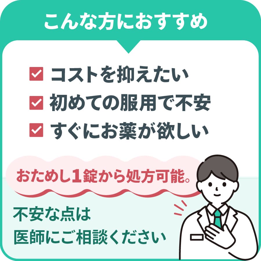 こんな方におすすめ：コストを抑えたい・初めての服用で不安・すぐにお薬が欲しい　おためし1錠から処方可能。不安な点は医師にご相談ください