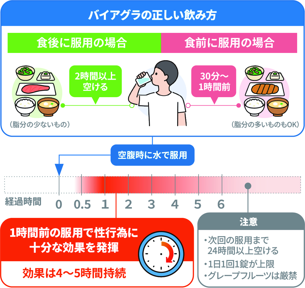 バイアグラの正しい飲み方 食後に服用の場合 2時間以上空ける (脂分の少ないもの) 食前に服用の場合 30分〜1時間前 (脂分の多いものもOK) 空腹時に水で服用 1時間前の服用で性行為に十分な効果を発揮 効果は4〜5時間持続 注意 ・次回の服用まで24時間以上空ける ・1日1回1錠が上限 ・グレープフルーツは厳禁