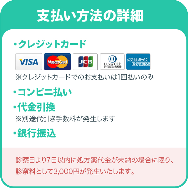 支払い方法の詳細-クレジットカード：VISA、Master、JCB、Diners、AMEX※クレジットカードでのお支払いは1回払いのみ,コンビニ払い,代金引換：別途代引き手数料が発生します,銀行振込,診察日より7日以内に処方薬代金が未納の場合に限り、診察料として3,000円が発生いたします。