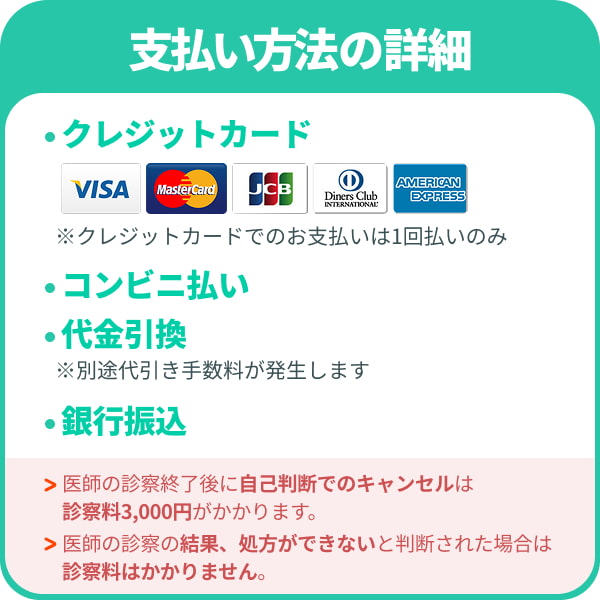 支払い方法の詳細-クレジットカード:VISA、Master、JCB、Diners、AMEX※クレジットカードでのお支払いは1回払いのみ,コンビニ払い,代金引換:別途代引き手数料が発生します,銀行振込,医師の診察終了後に自己判断でのキャンセルは診察料3,000円がかかります。医師の診察の結果、処方ができないと判断された場合は診察料はかかりません。
