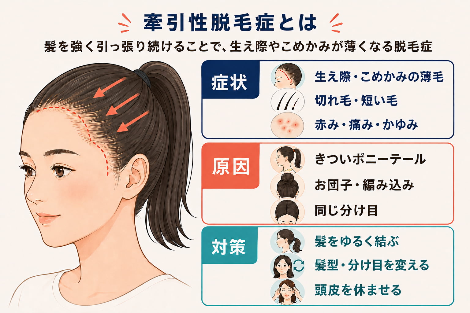 牽引性脱毛症とはー髪を引っ張り続けることで、生え際やこめかみが薄くなる脱毛症