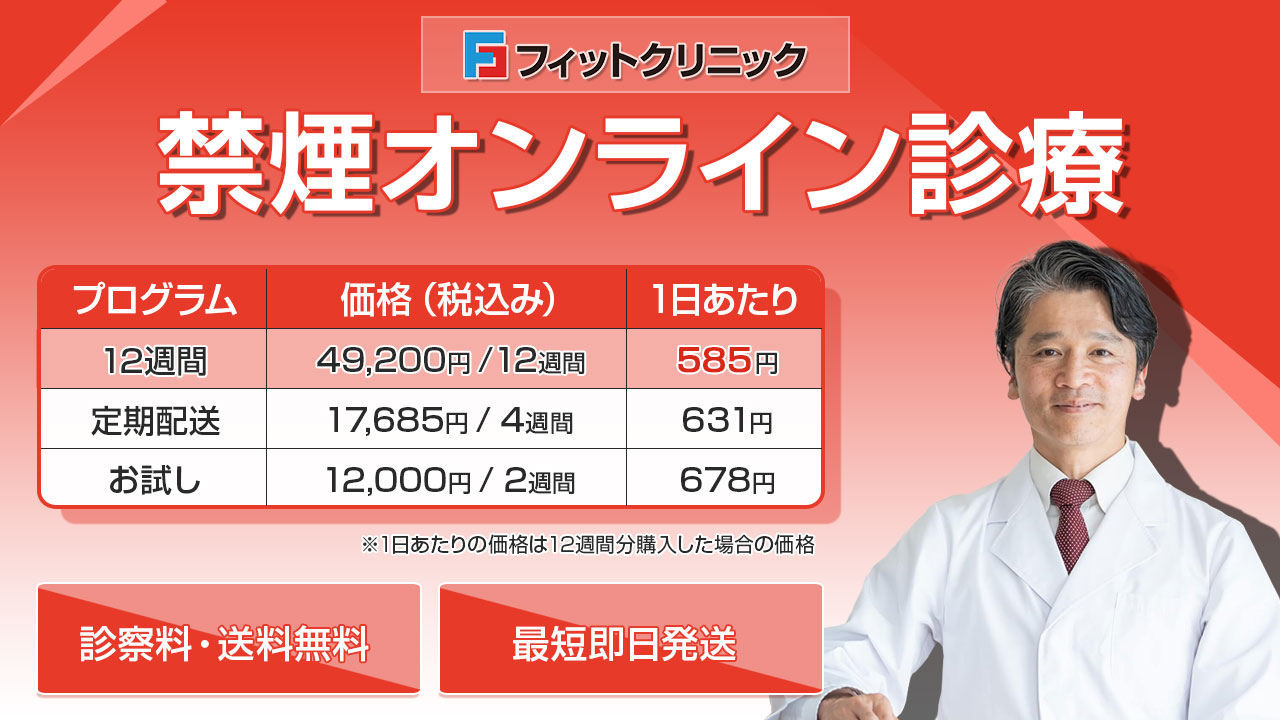 禁煙オンライン診療　12週間プログラム：49,200円/12週間　1日あたり585円
  　定期配送プログラム：17,685円/4週間　1日あたり631円　お試しプログラム２W	12,000円/2週間　1日あたり678円　※※1日あたりの価格は12週間分購入した場合の価格　　診察料・送料無料　最短即日発送
  