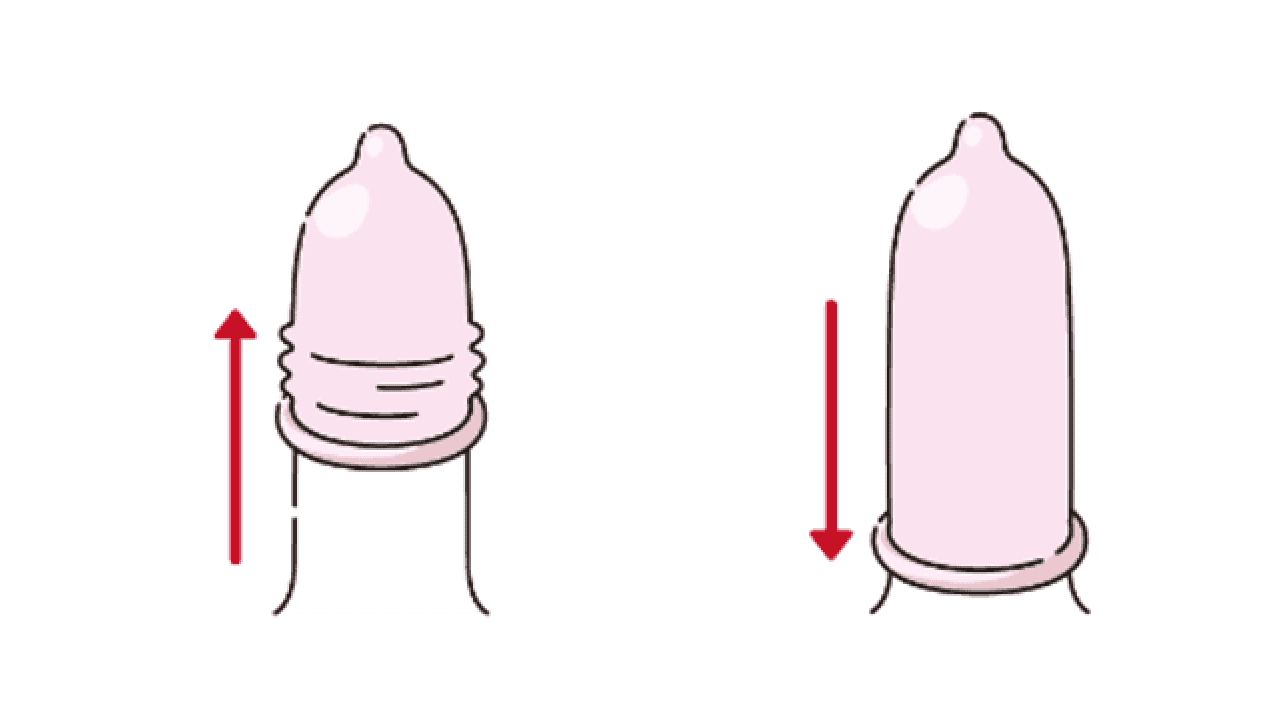 コンドームが外れないように、陰茎の皮を上に引っ張り調整しながら根本まで装着する。