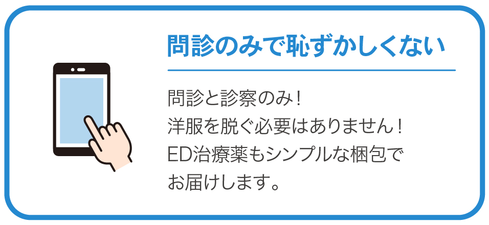 問診のみで恥ずかしくない　問診と診察のみ！洋服を脱ぐ必要はありません！ED治療薬もシンプルな梱包でお届けします。