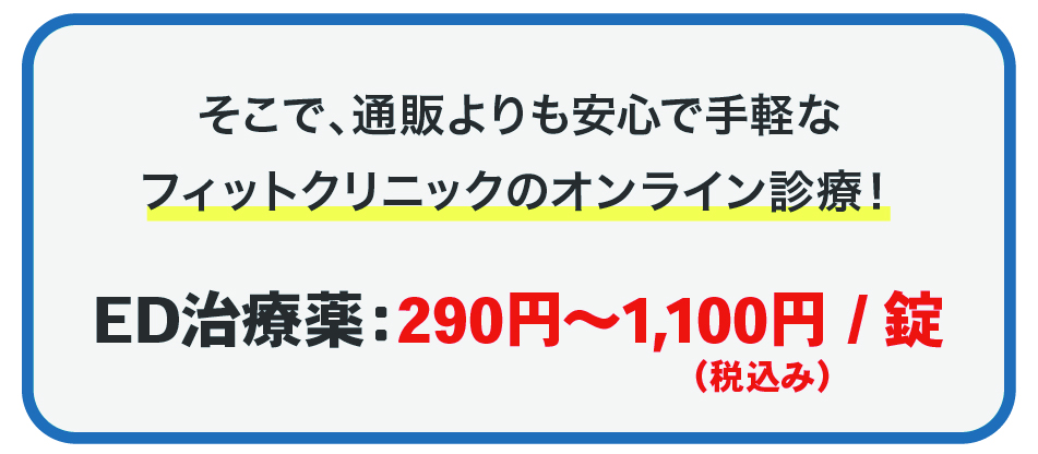 そこで、通販よりも安心で手軽な
                    フィットクリニックのオンライン診療！
                    ED治療薬：290円～1,100円 / 錠
