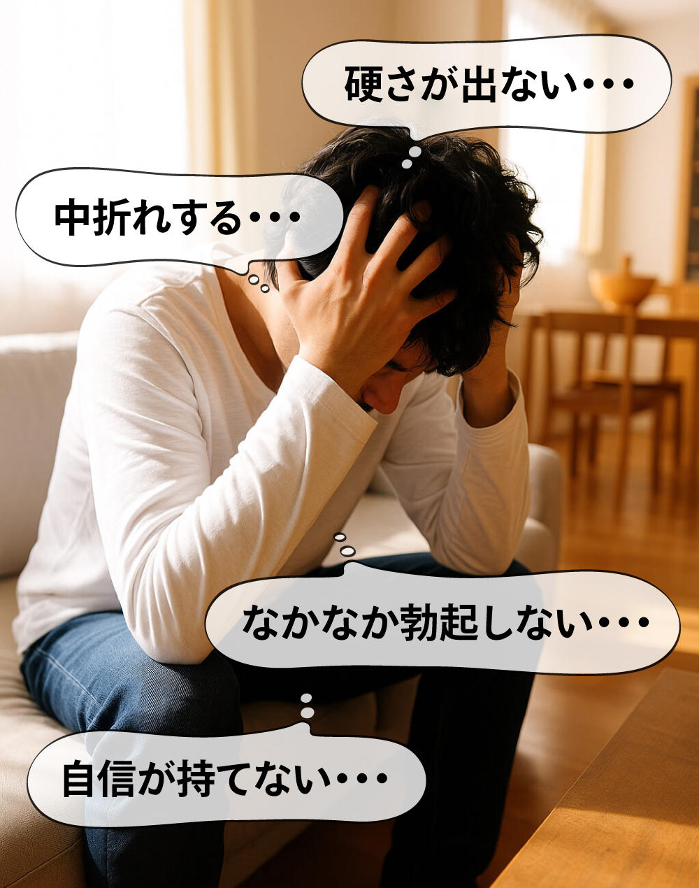 こんなお悩みありませんか？硬さが出ない、中折れする、なかなか勃起しない、自信が持てないなど