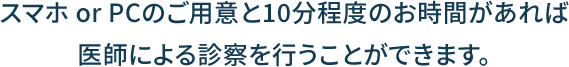 スマホ or PCのご用意と10分程度のお時間があれば医師による診察を行うことができます。