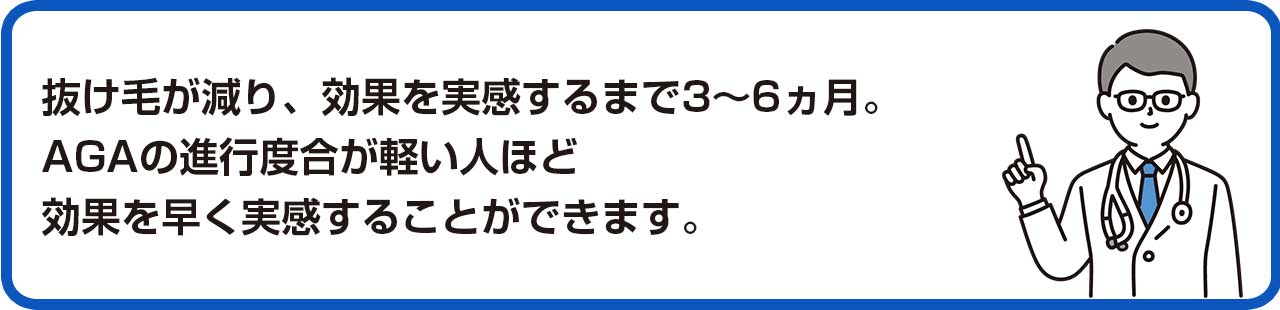 抜け毛が減り、効果を実感するまで3～6ヵ月。AGAの進行度合が軽い人ほど効果を早く実感することができます。